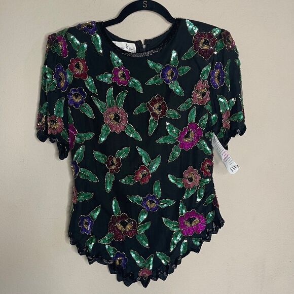 NWT VTG Laurence Kazar Multi-Color SILK sequins beaded blouse top size small - Picture 1 of 6